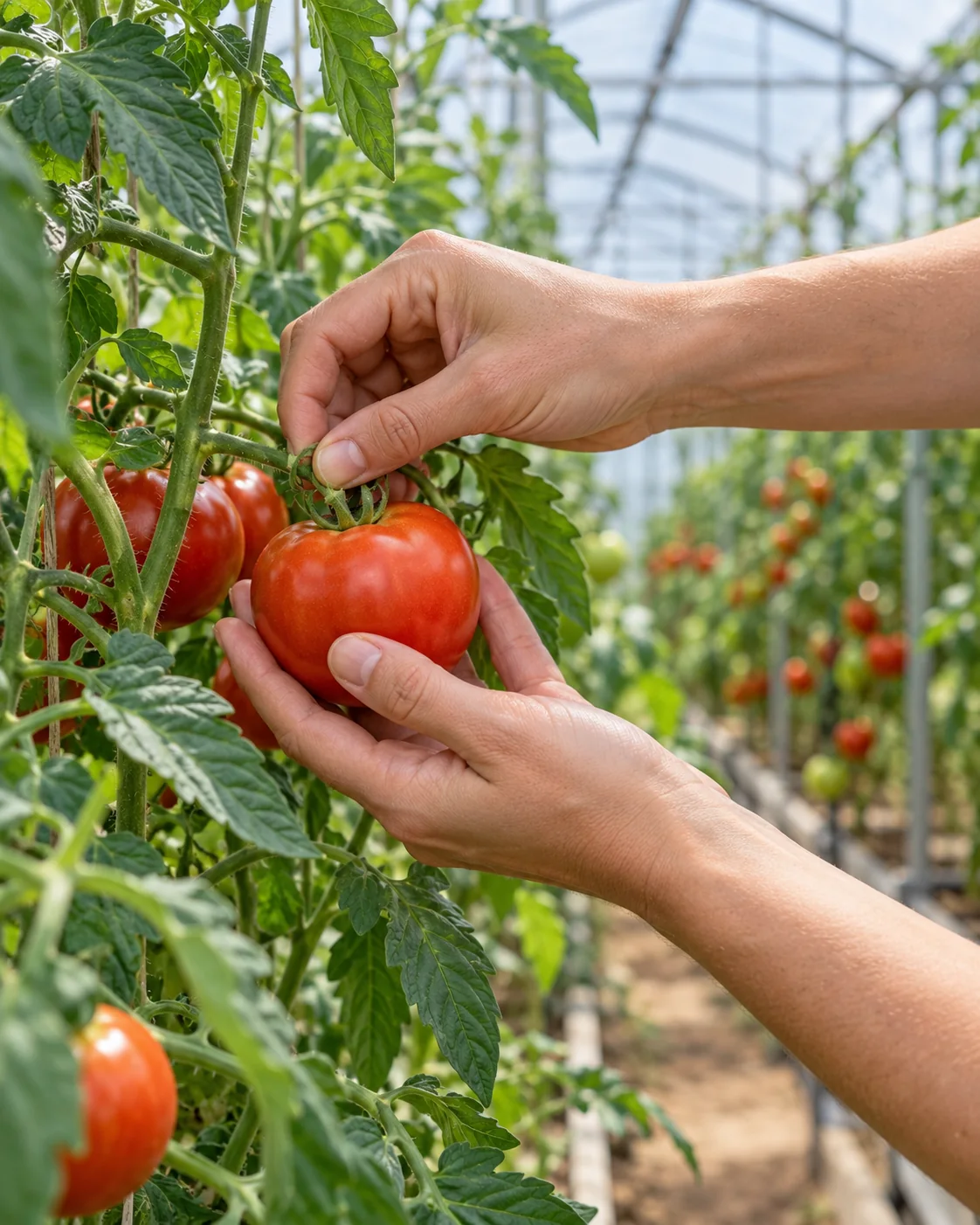 Des mains cueillent une tomate rouge mûre sur son plant dans une serre.